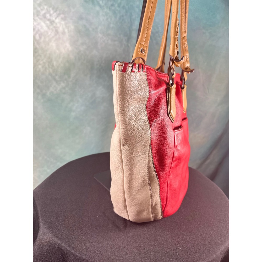 Oryany Lysse Red Beige Leather Tote Bag Braided Handles Woven Large Shoulder Bag - Picture 3 of 10